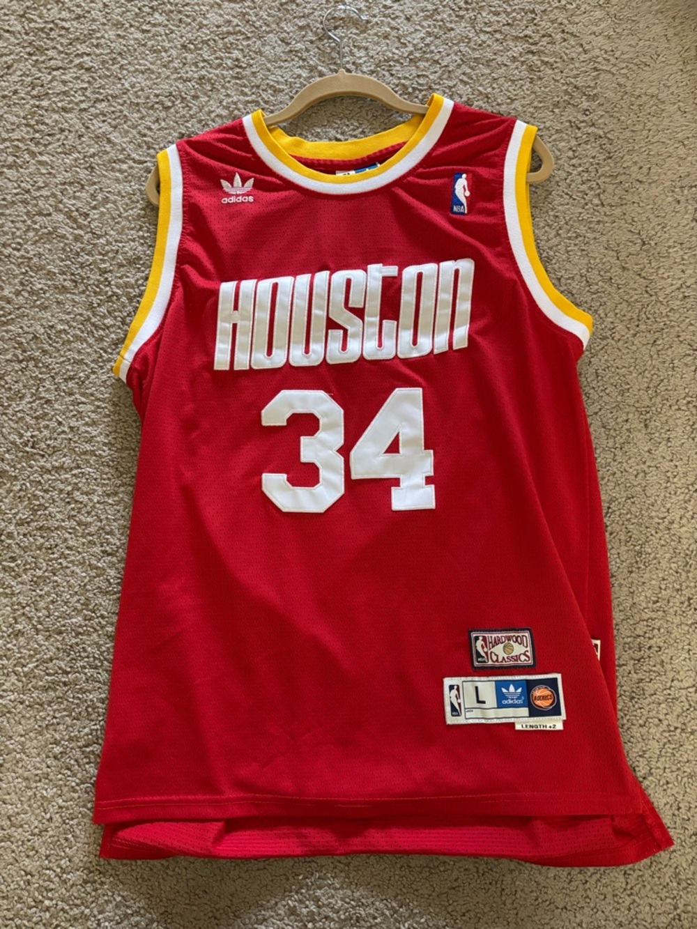 adidas Red Houston #34 Basketball Jersey with Yellow Trim